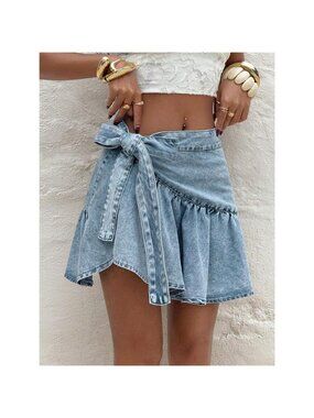 Ruffled Hem High Waist Bow Tie Denim Skirt